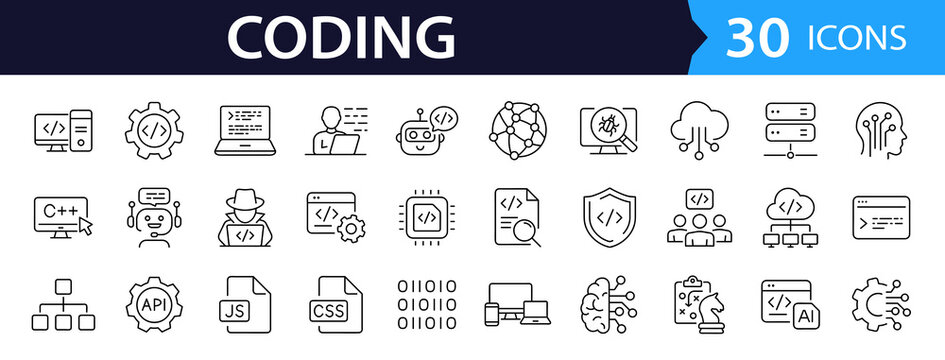 Coding Web Icon Set in Linear Style. Collection of Programming line icon, including code, software development, programmer, coder, information technology, api, developer, app and more. Editable stroke
