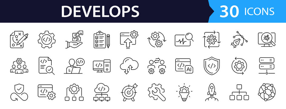 Development Web Icon Set in Linear Style. Collection of DevOps line icons, including growth, workflow testing, integration, startup, concept, idea, strategy, innovation, vision, marketing and more