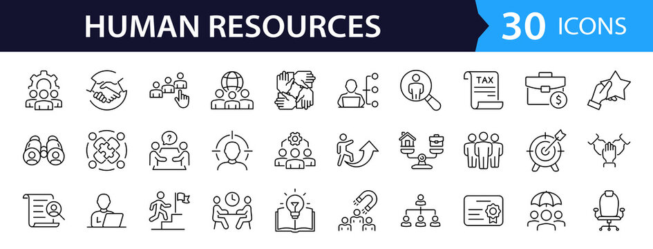 Human resources Web Icon Set in Linear Style. Collection of Recruitment line icons, including head hunting, leadership teamwork, communication, job vacancy, cooperation, hiring. Editable stroke