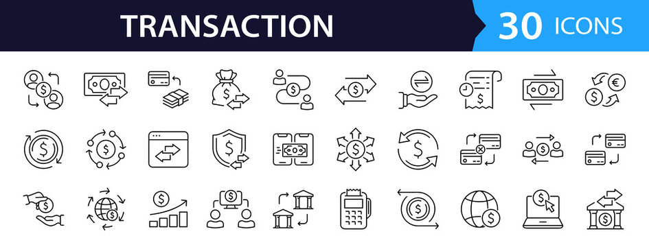 Transaction Web Icon Set in Linear Style. Collection of Cash Flow line icon, including transactions, money, banking, cash, bank, payment, exchange, business, financial, card and more. Editable stroke
