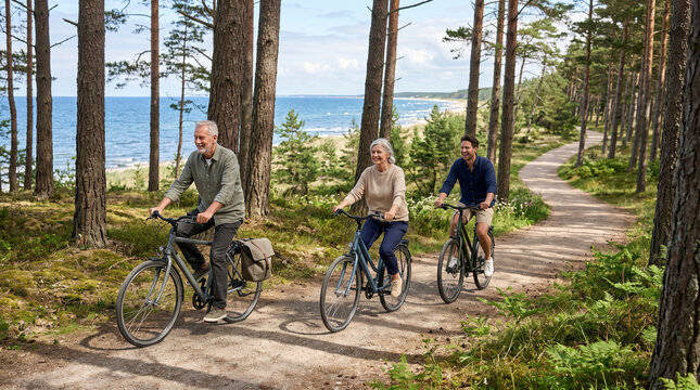 Older Family Cycling Through Baltic Pines Toward Sea View