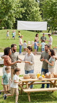 Neighborhood gathering in a local park after isolation