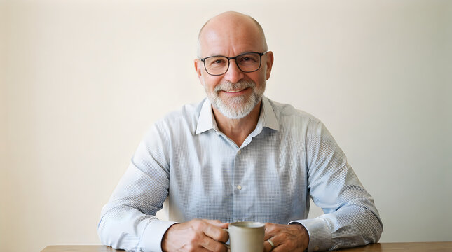 Happy middle aged man with glasses and a grey beard smiling at the camera indoors 
