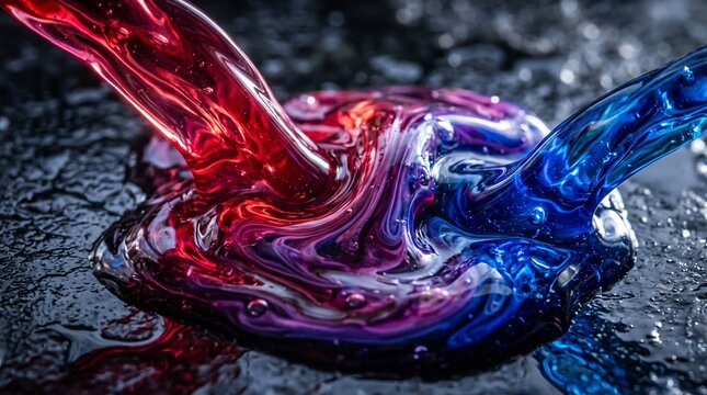 Red and blue liquid splashing and mixing together on a dark surface creating colorful waves