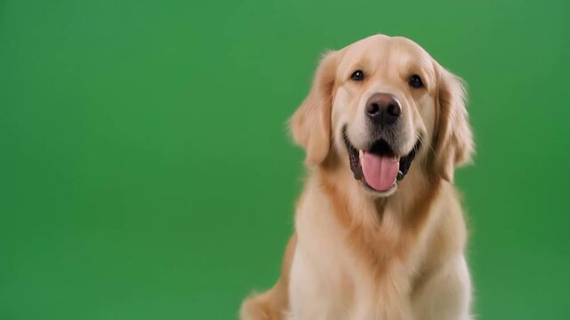 A happy golden retriever dog sits on green background looking directly