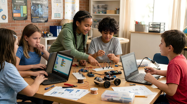 Diverse group of students working on a robotics project in a modern school classroom