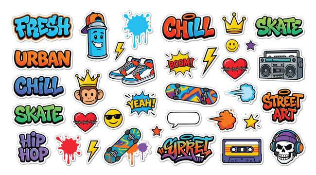 Set of colorful graffiti stickers, urban street art elements, hip hop culture icons, skateboard, boombox, spray paint, crown, heart, and comic speech bubbles