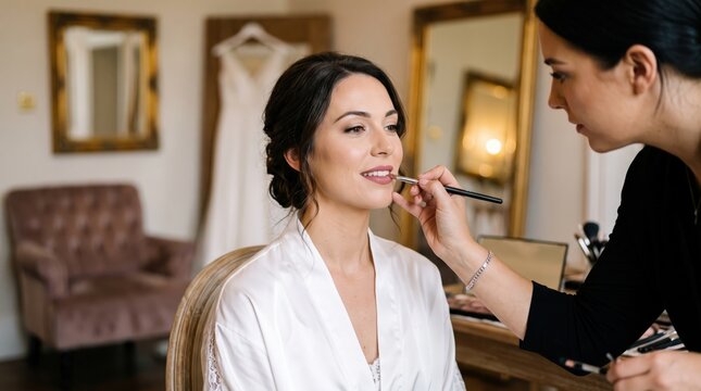 Makeup artist applies cosmetics on bride before wedding ceremony in a beauty studio
