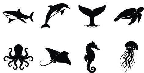 Marine Animal Silhouette Vector Collection Featuring Shark Dolphin Whale Tail Sea Turtle Octopus Stingray Seahorse and Jellyfish Icons © MdAzijul