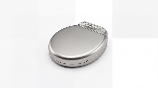 medical implant design, a sleek titanium pacemaker placed on a pristine white surface
