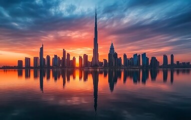 Obraz premium Dubai skyline at sunset with Burj Khalifa reflected in water.