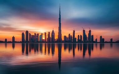 Obraz premium Stunning cityscape of dubai skyline featuring burj khalifa reflecting on tranquil water surface view.