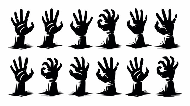 Set of silhouette zombie hands reaching up from the ground