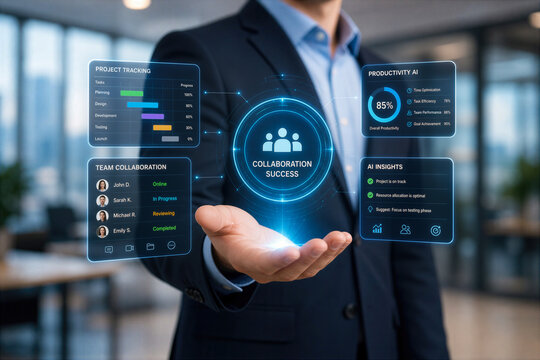 Businessman presenting futuristic collaboration success concept with project tracking team collaboration productivity AI dashboards in modern office blurred background