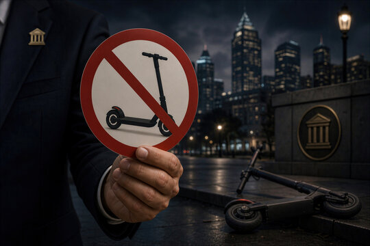 Electric scooter ban municipal bylaw concept hand presenting no e scooter sign in dark cityscape public safety regulation response to rising accidents and transport restrictions