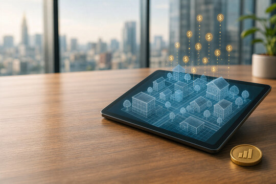 Isometric 3D wireframe town on tablet with floating gold coin royalty symbols and single coin on desk representing data royalties metaverse real estate synthetic data