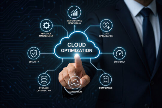 Businessman pointing at digital cloud optimization flowchart with automation compliance cost optimization security performance monitoring and efficiency on circuit board background technology concept