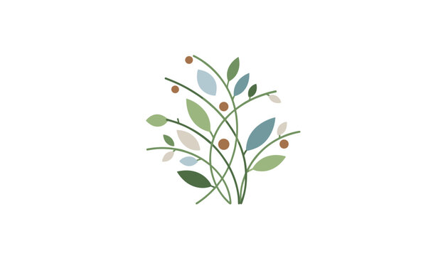 Elegant abstract logo of swirling branches with multi colored leaves and round berries on a pure white background.