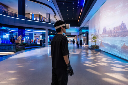 Futuristic experiential mall interior with young adult wearing VR headset and haptic gloves on polished walkway representing retail transformation and immersive shopping future