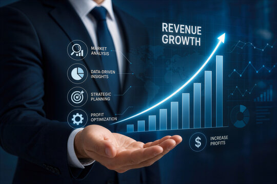 Businessman presenting revenue growth chart with market analysis data driven insights strategic planning profit optimization and increase profits concept for corporate finance success visualization