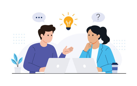 Business Team Collaboration and Brainstorming Concept with Laptop and Idea Bulb Flat Vector Illustration.