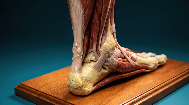 Anatomical model of human foot showing detailed muscle, tendon, and bone structure on wooden base with dark blue background, illustrating complex foot anatomy