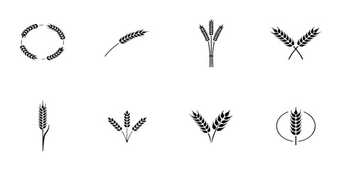 Black wheat ears and grain stalk icons set for organic farm and bakery branding © vintage style