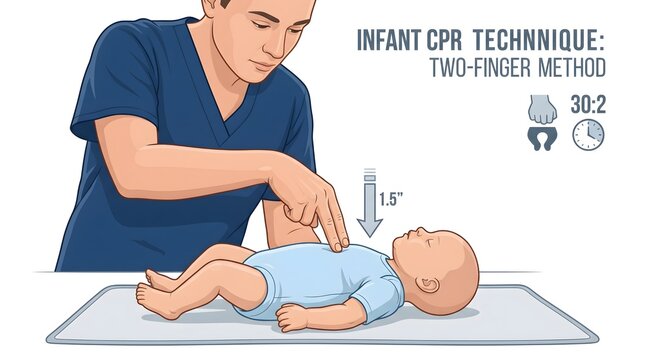 Infant CPR Two Finger Chest Compression Technique Educational Medical Vector