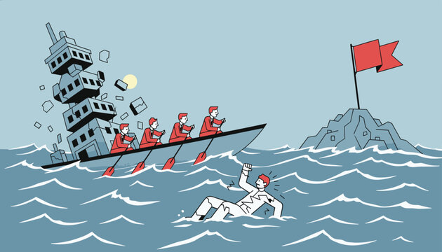 Metaphorical illustration of a business team on a sinking boat leaving a drowning colleague behind in waves.