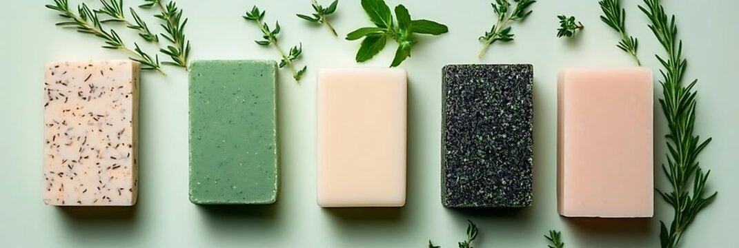 Assortment of handmade soaps with fresh green herbs and sprigs on pastel background.