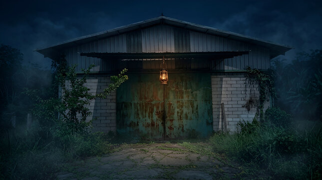 Mysterious old warehouse with rusty metal door illuminated by a hanging vintage lantern at night 