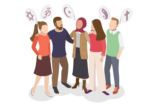 3D Isometric Flat  Illustration of Diverse Religious Community, Interfaith Hugs Foster Unity And Harmony, Bridging Religious Divides And Disagreements.