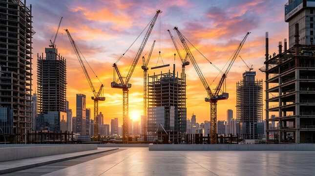 Urban construction site with cranes at sunset