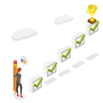 3D Isometric Flat  Illustration of Steady Development, Businessman Tracking Progress And Setting Goals With Checkbox Ticking