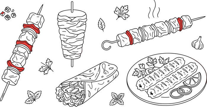 Minimalist shawarma wrap vector illustration set with doner kebab skewer and meat grill elements for restaurant