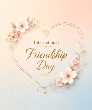 Elegant International Friendship Day Greeting Card with Floral Heart Frame on Soft Pastel Background