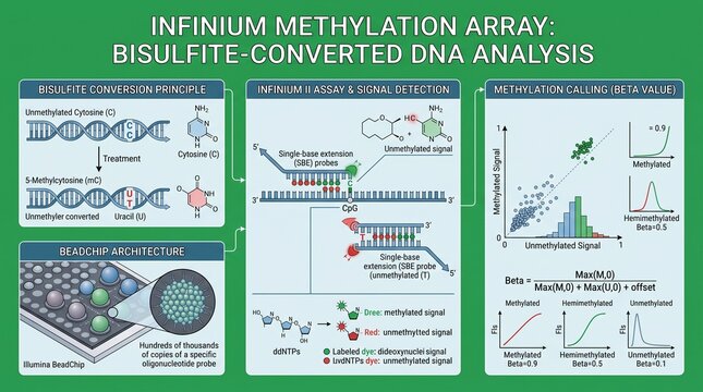 Scientific Diagram Illustrating Infinium Methylation Array and Bisulfite Converted DNA Analysis Process in a Laboratory Research Setting