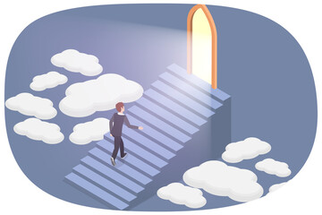Naklejka premium 3D Isometric Flat Illustration of Door To Heaven, Man Ascending Stairs Toward HeavenS Gate