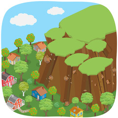 Naklejka premium 3D Isometric Flat Illustration of Landslide And Erosion, Catastrophic Landslide Devastates Community