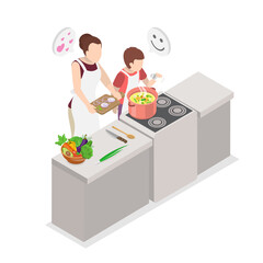 3D Isometric Flat  Illustration of Cooking With Mom, Young Child Assisting Mother In Preparing A Pot Of Soup.