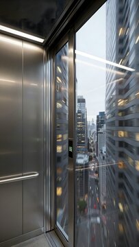 Modern high-rise elevator interior with cityscape view through large glass window