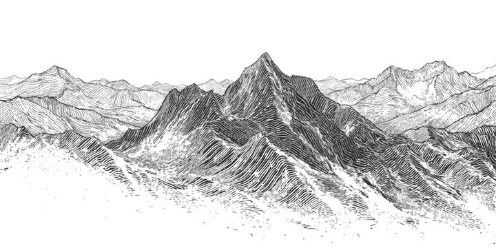 Black and white line art mountain range illustration with detailed engraving style for outdoor adventure design