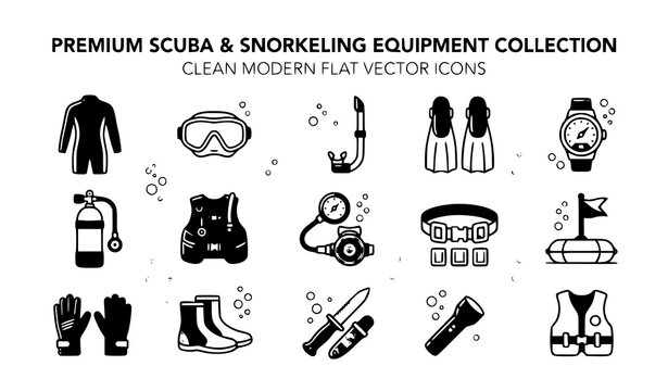 Professional scuba diving equipment vector icon set