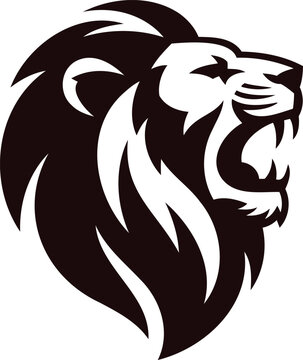 Stylized illustration of a roaring lion head with a fierce expression and long mane