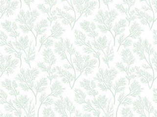 Leaves arranged in a repeating pattern create a soft texture with light green lines on a white background. © amirhamzaaa