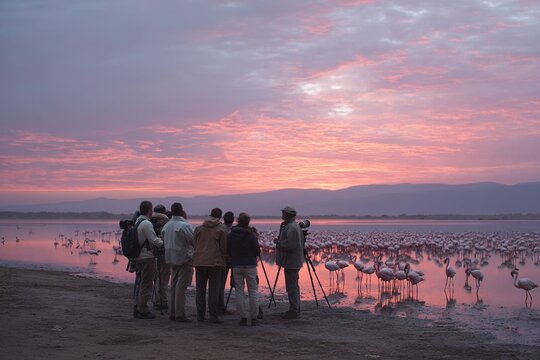 research team watching flamingos at sunrise