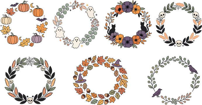Halloween floral wreath set with collection seven decorative transparent background