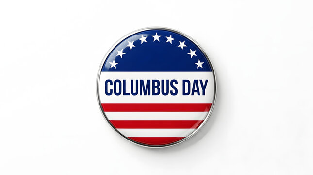 Round button with columbus day, american flag colors, white stars on blue field