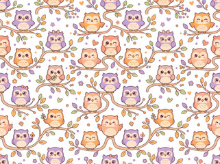 Fototapeta premium Owls perch on stylized tree branches in a whimsical seamless pattern filled with pastel colors and cheerful expressions.