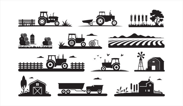 Farm Tractor and Agriculture Landscape Silhouette Icon Collection in Flat Vector Style